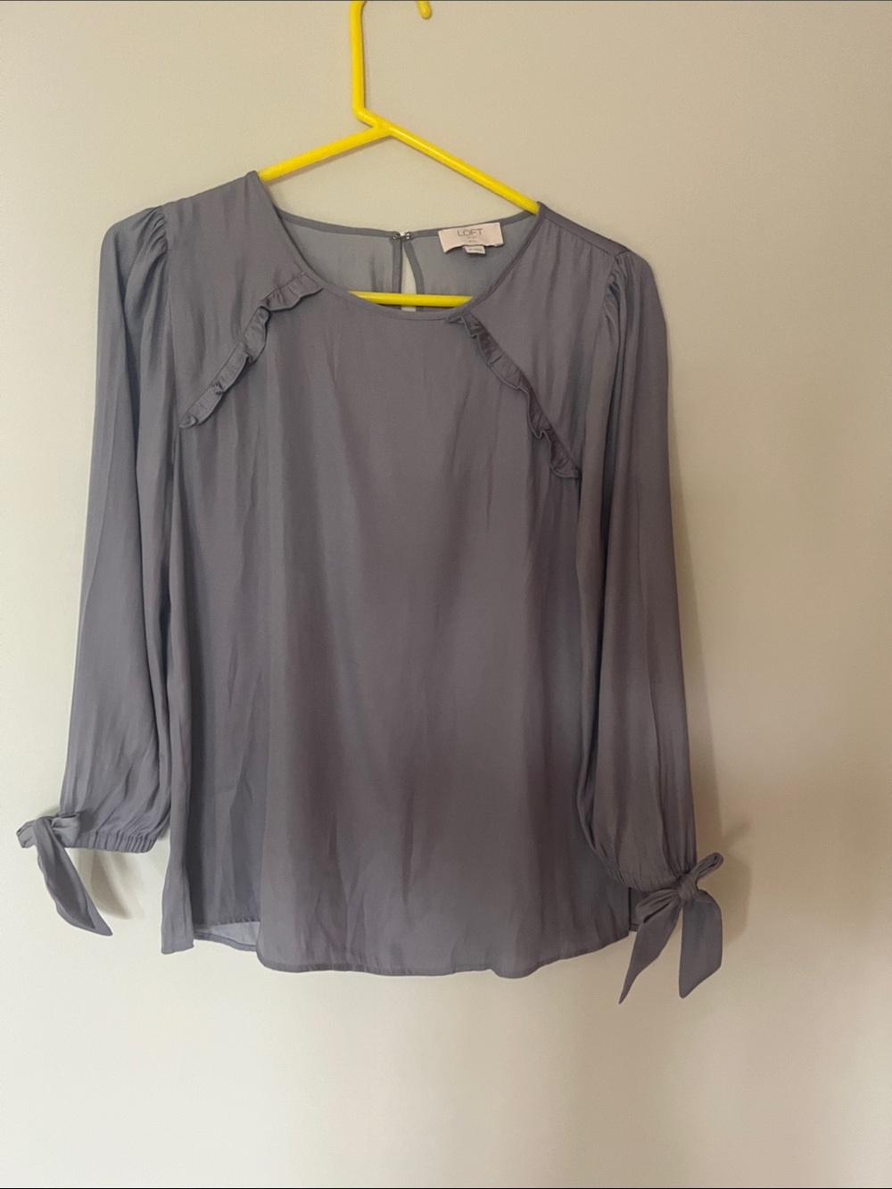 LOFT Slate Gray Ruffle-Trim Tie-Cuff Blouse